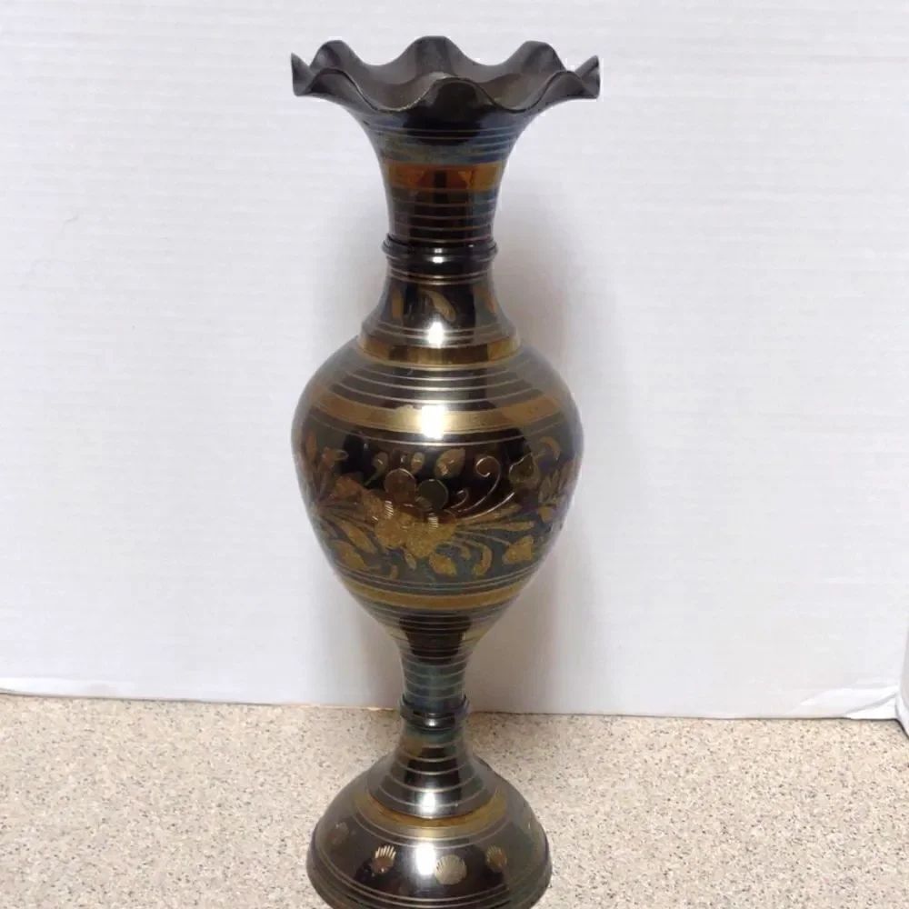 Tall Etched Brass Vase Urn